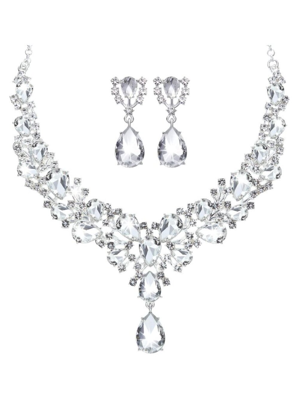 Teardrop Cluster Crystal Necklace and Earrings Jewelry Set for Women